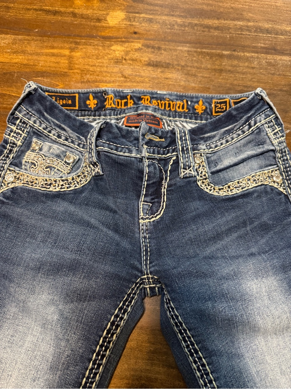 Rock Revival Distressed Embellished Denim Jeans - Blue, White